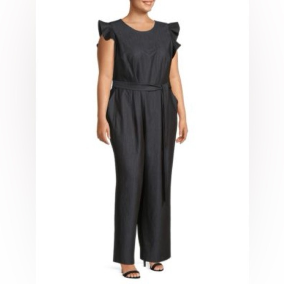Calvin Klein Denim Flutter Sleeve Jumpsuit Navy Women’s Plus Size 18W Wide Leg - Picture 4 of 16